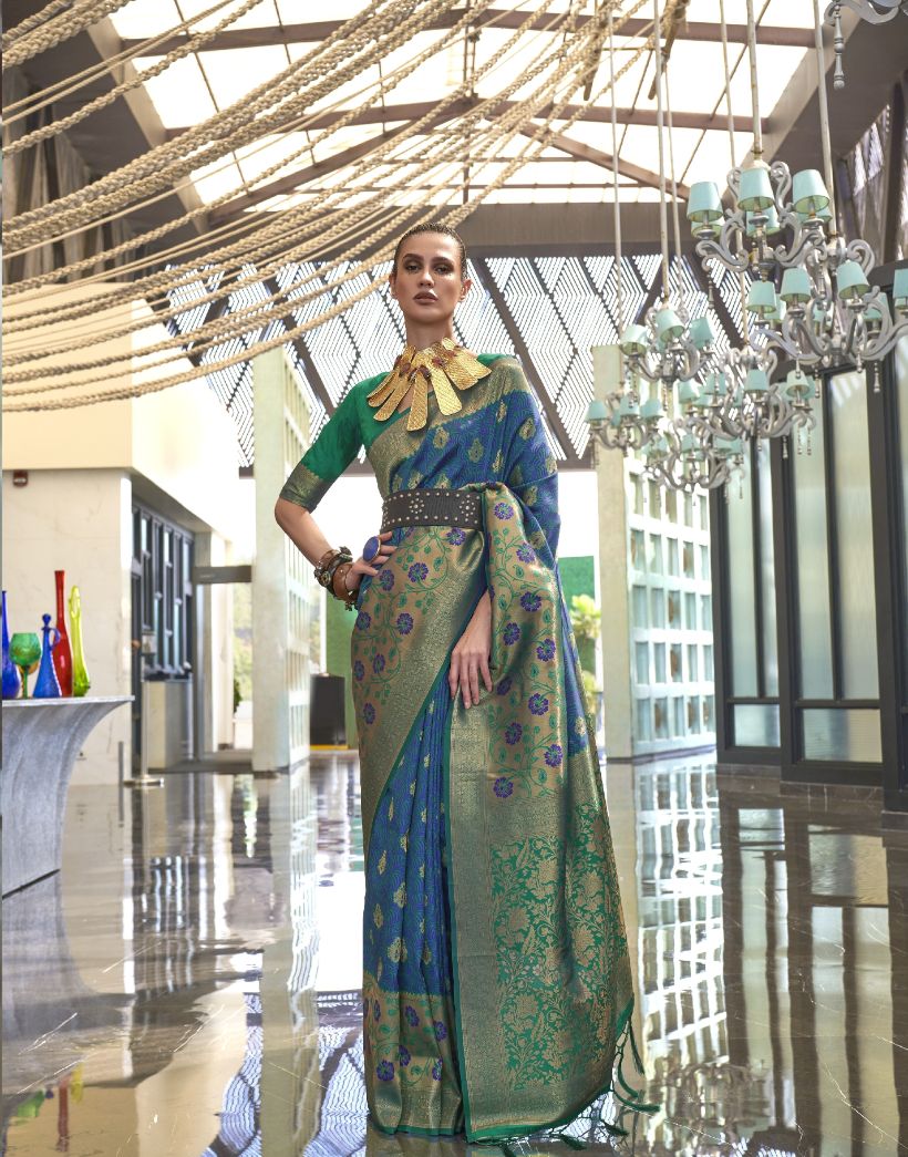 Blue & Green Zari Woven Broad Floral Border Handloom Silk Saree