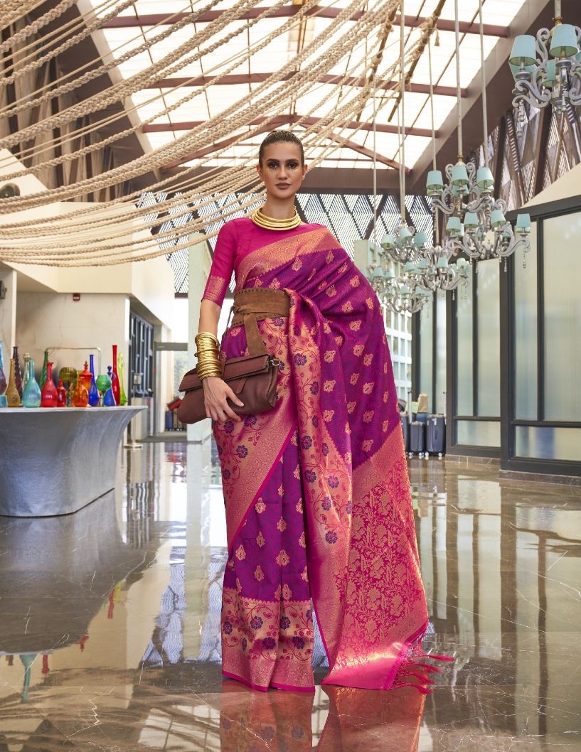 Blue & Pink Zari Woven Broad Floral Border Handloom Silk Saree