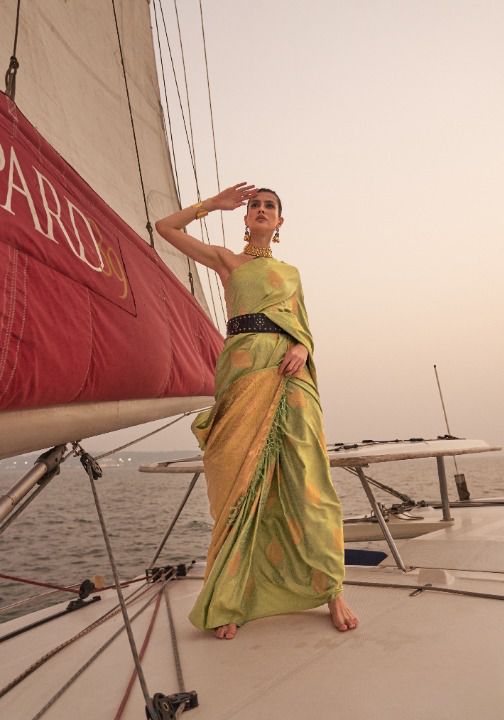 Sage Green Zari Woven Broad Floral Border Handloom Silk Saree