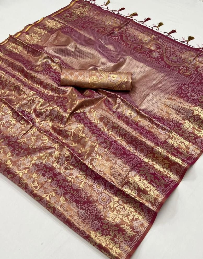 Purplish Maroon Zari Woven Silk Saree