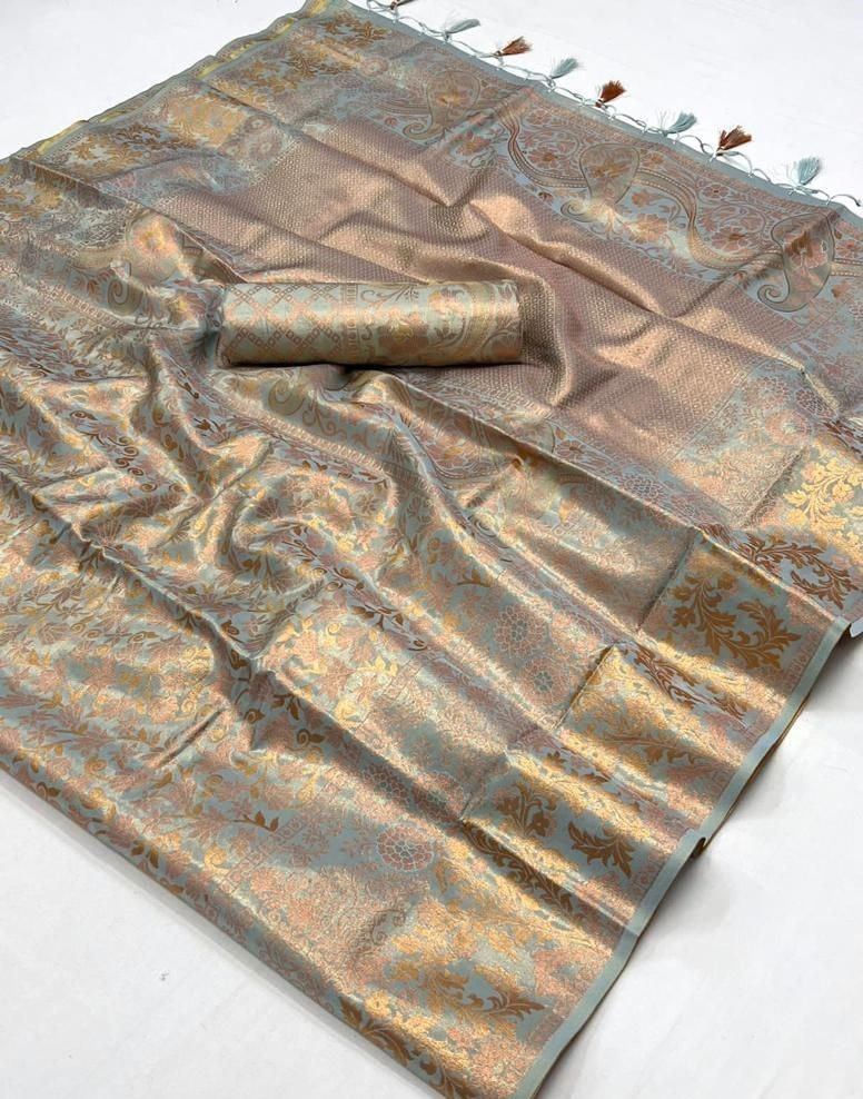 Buy Grey Banarasi Silk Sarees Online-STORI