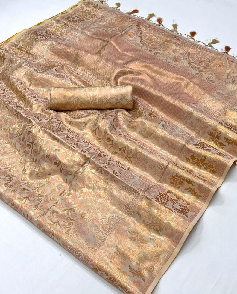 Beige Zari Woven Silk Saree
