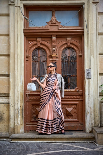 Salmon Pink Printed Satin Crepe Silk Statement Saree