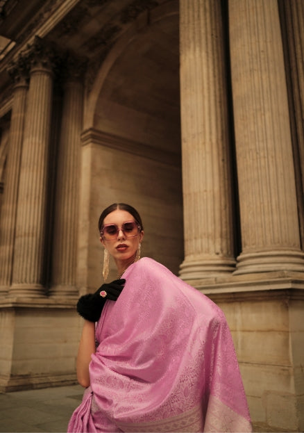 Pink Handloom Woven Satin Silk Saree