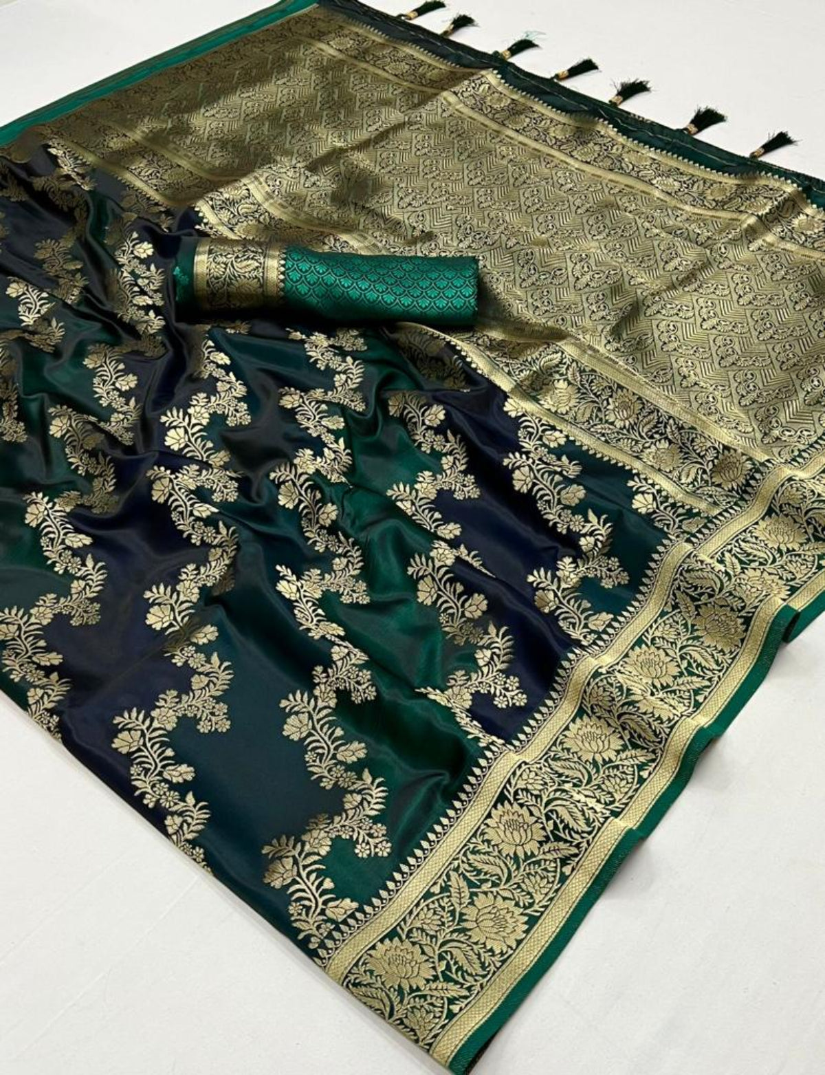 Dark Green Satin Silk Saree Online in India