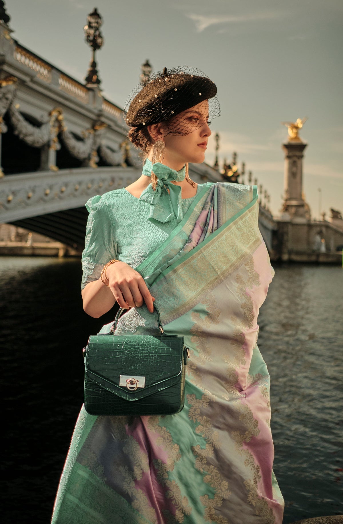 Mint Green Satin Silk Saree Online in India