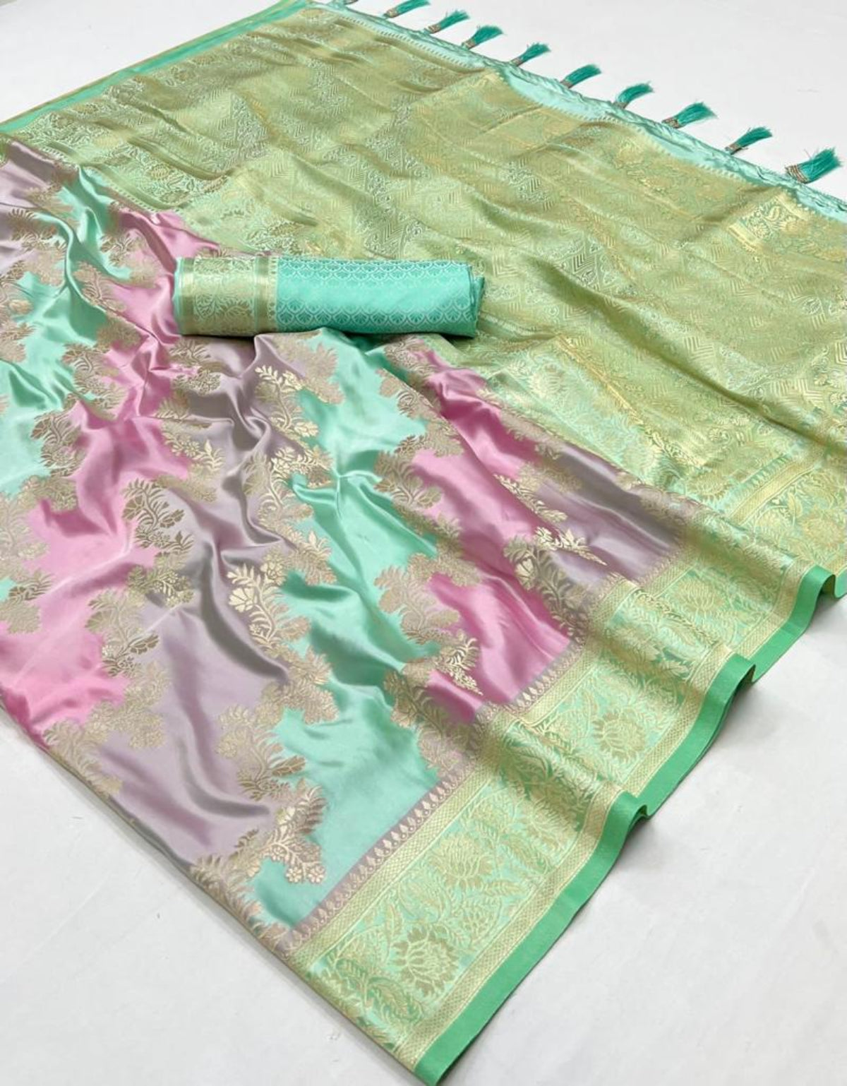 Mint Green Satin Silk Saree Online in India