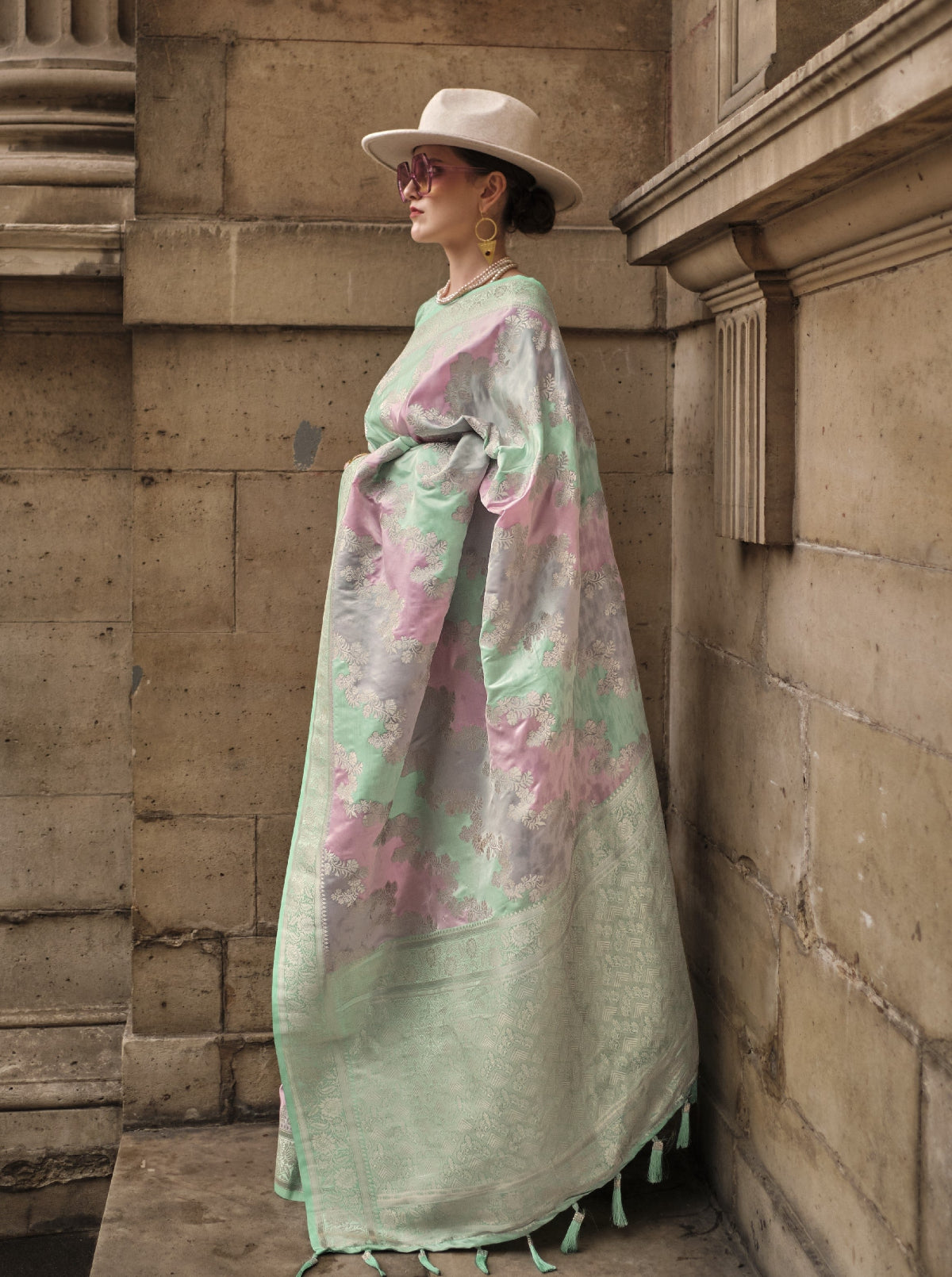Mint Green Satin Silk Saree Online in India