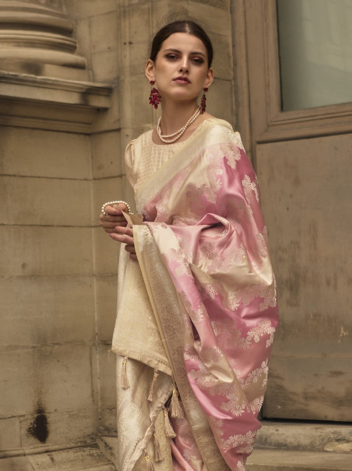 Flamingo Pink Satin Silk Saree Online in India