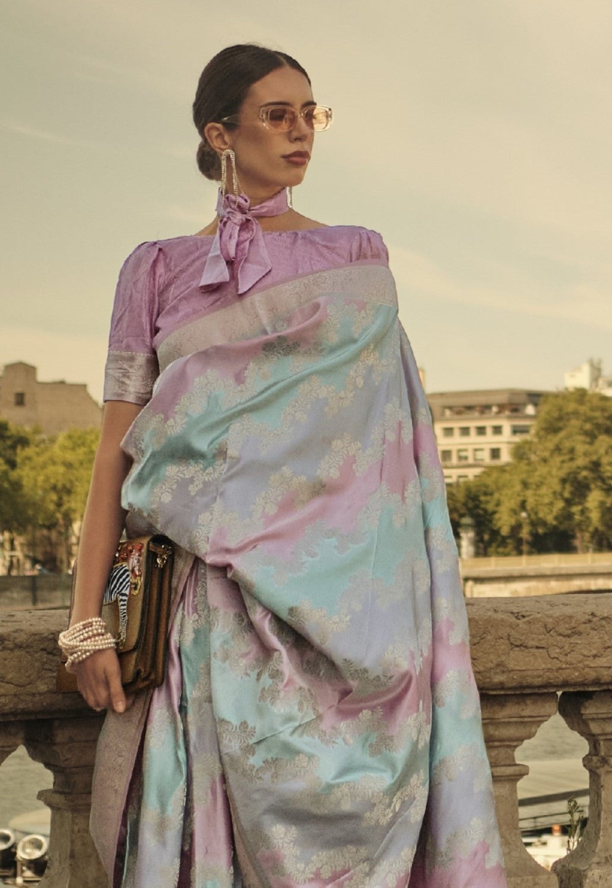 Salmon Peach Satin Silk Saree Online in India