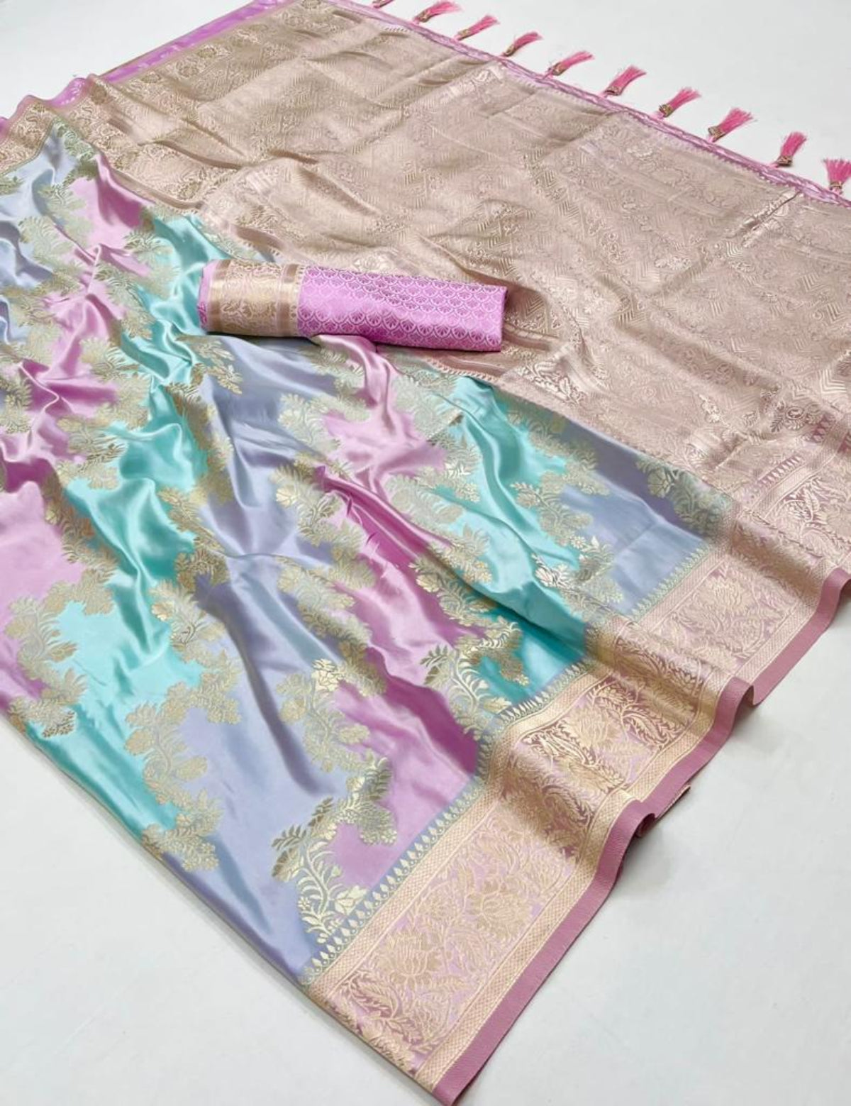 Salmon Peach Satin Silk Saree Online in India