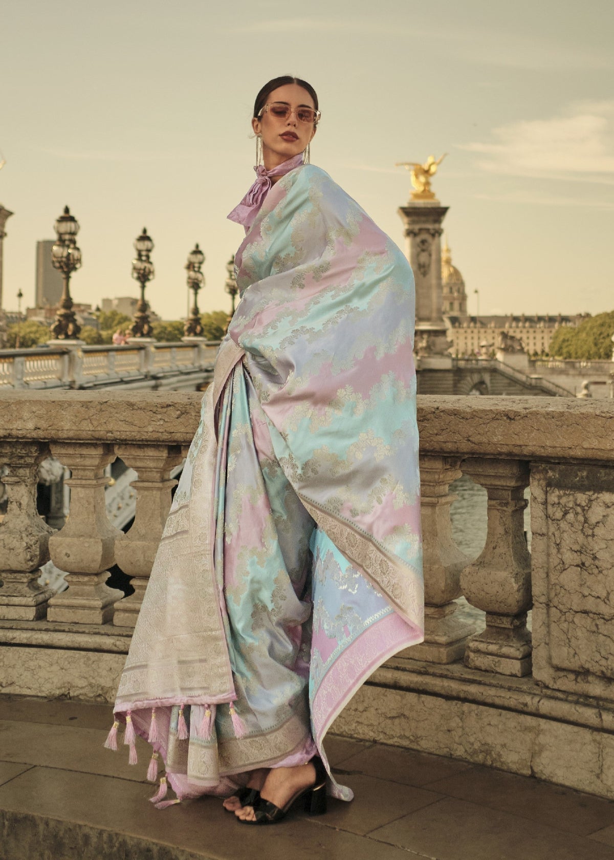 Salmon Peach Satin Silk Saree Online in India