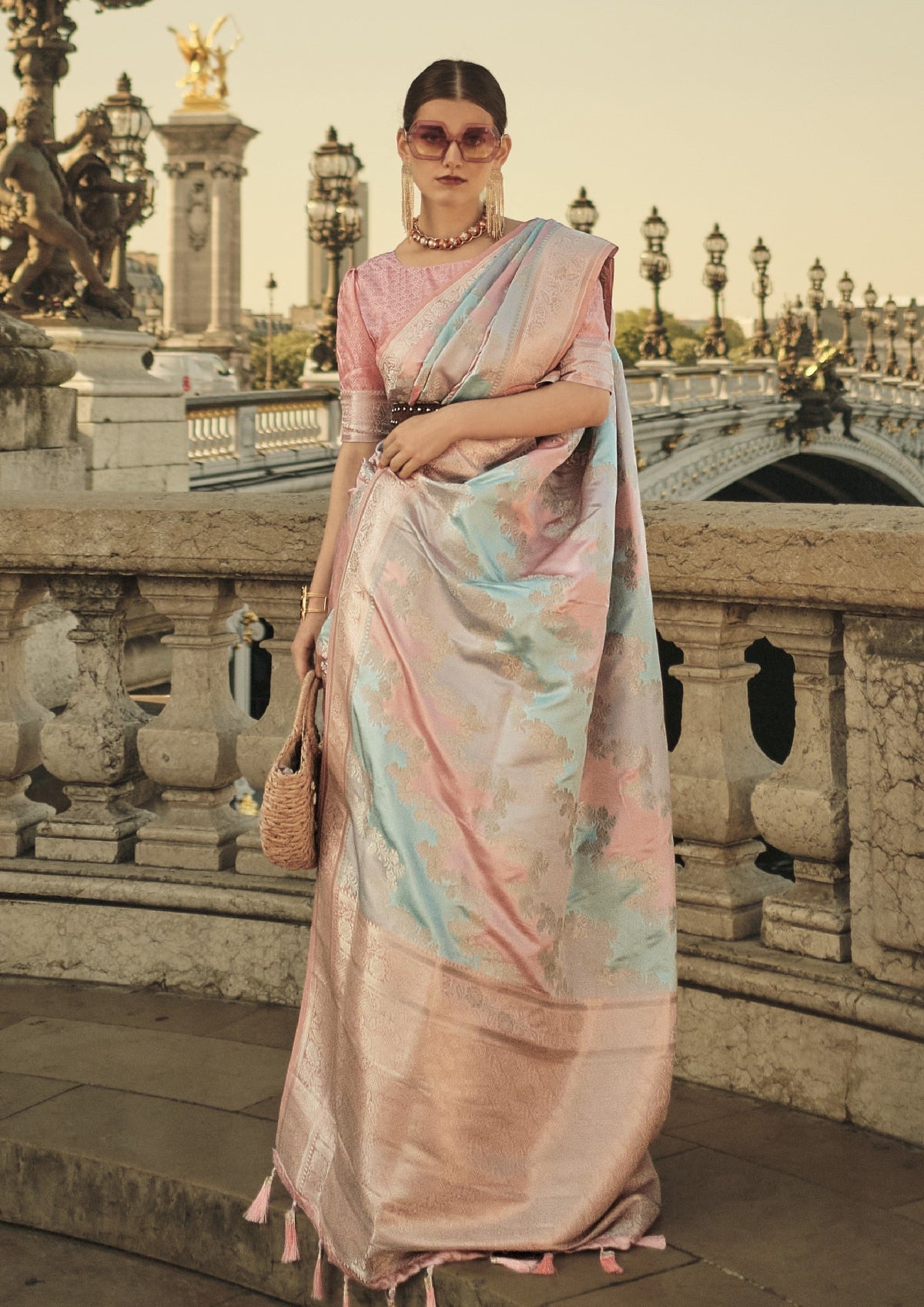Peach & Ice Blue Satin Silk Saree Online in India
