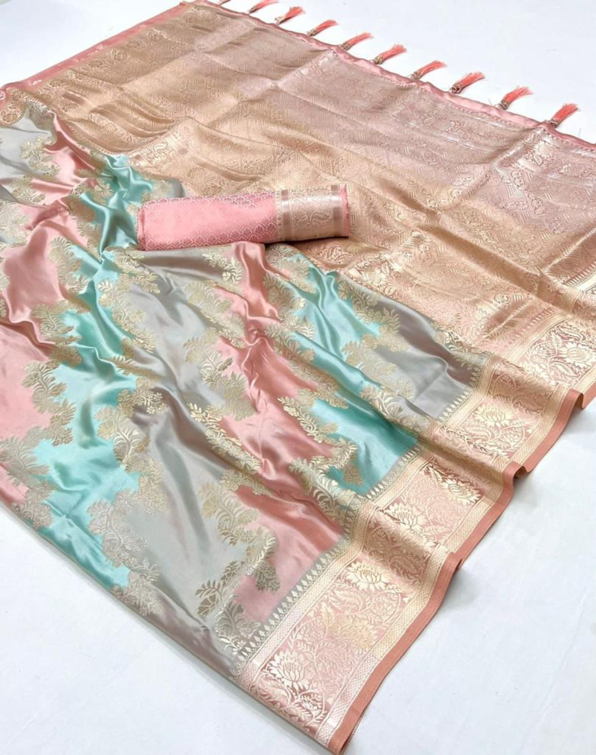 Peach & Ice Blue Satin Silk Saree Online in India
