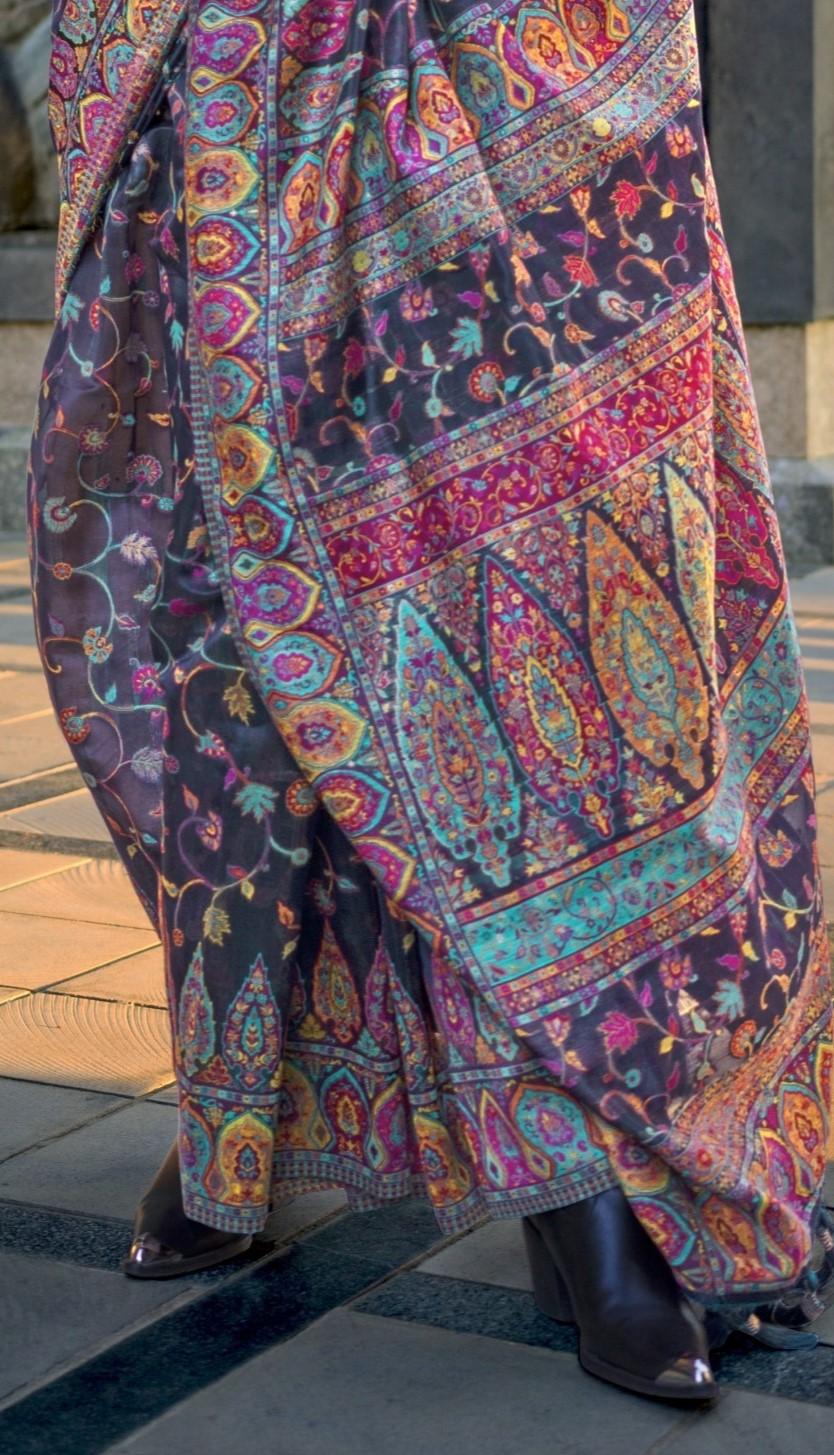 Black Kashmiri Kani Handloom Woven Silk Saree