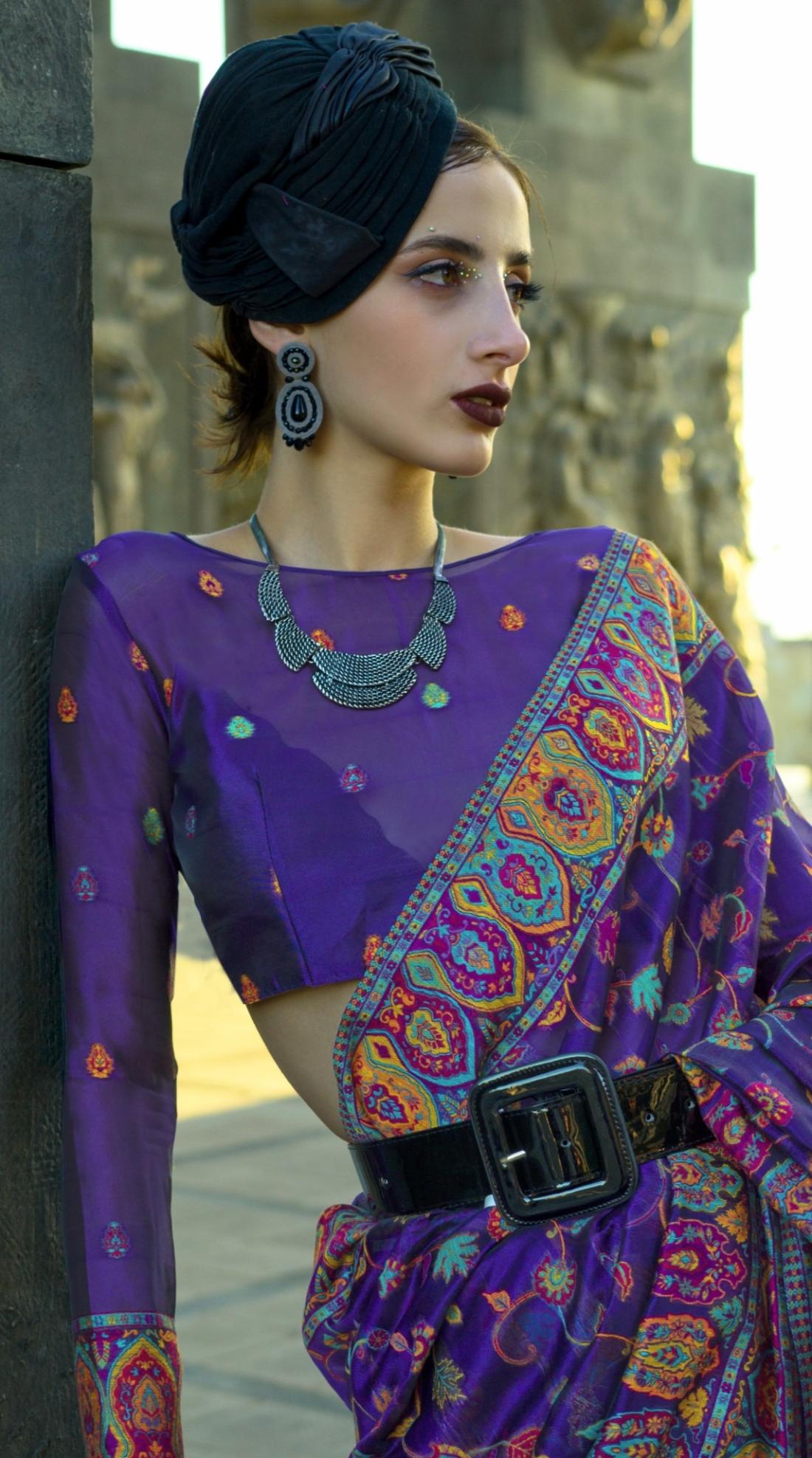 Indigo Purple Kashmiri Kani Handloom Woven Silk Saree