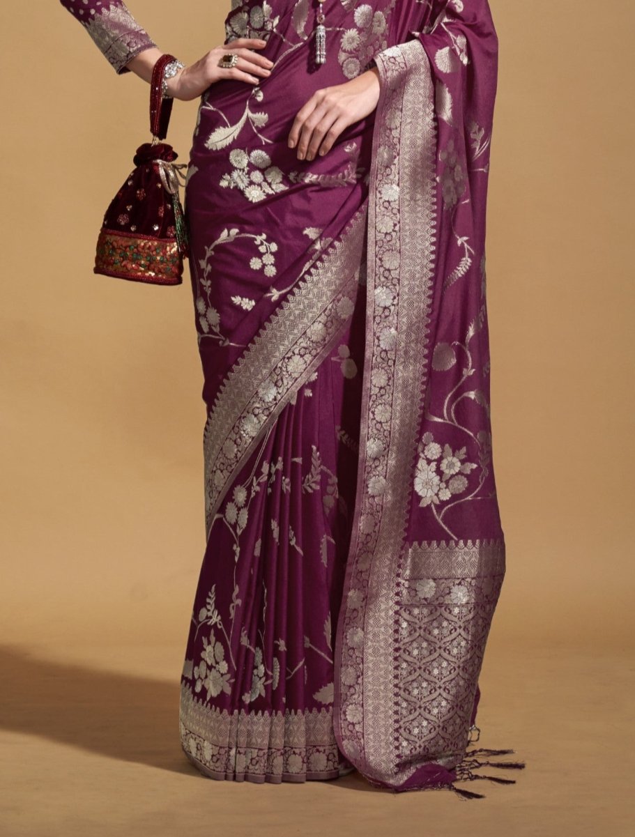 Winey Maroon Georgette Silk Banarasi Saree