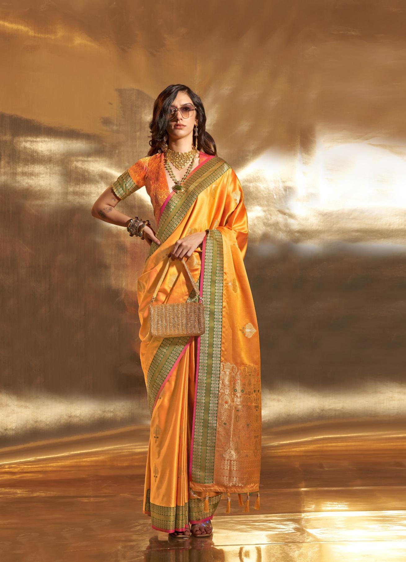 Turmeric Yellow Satin Silk Saree With Zari Motifs
