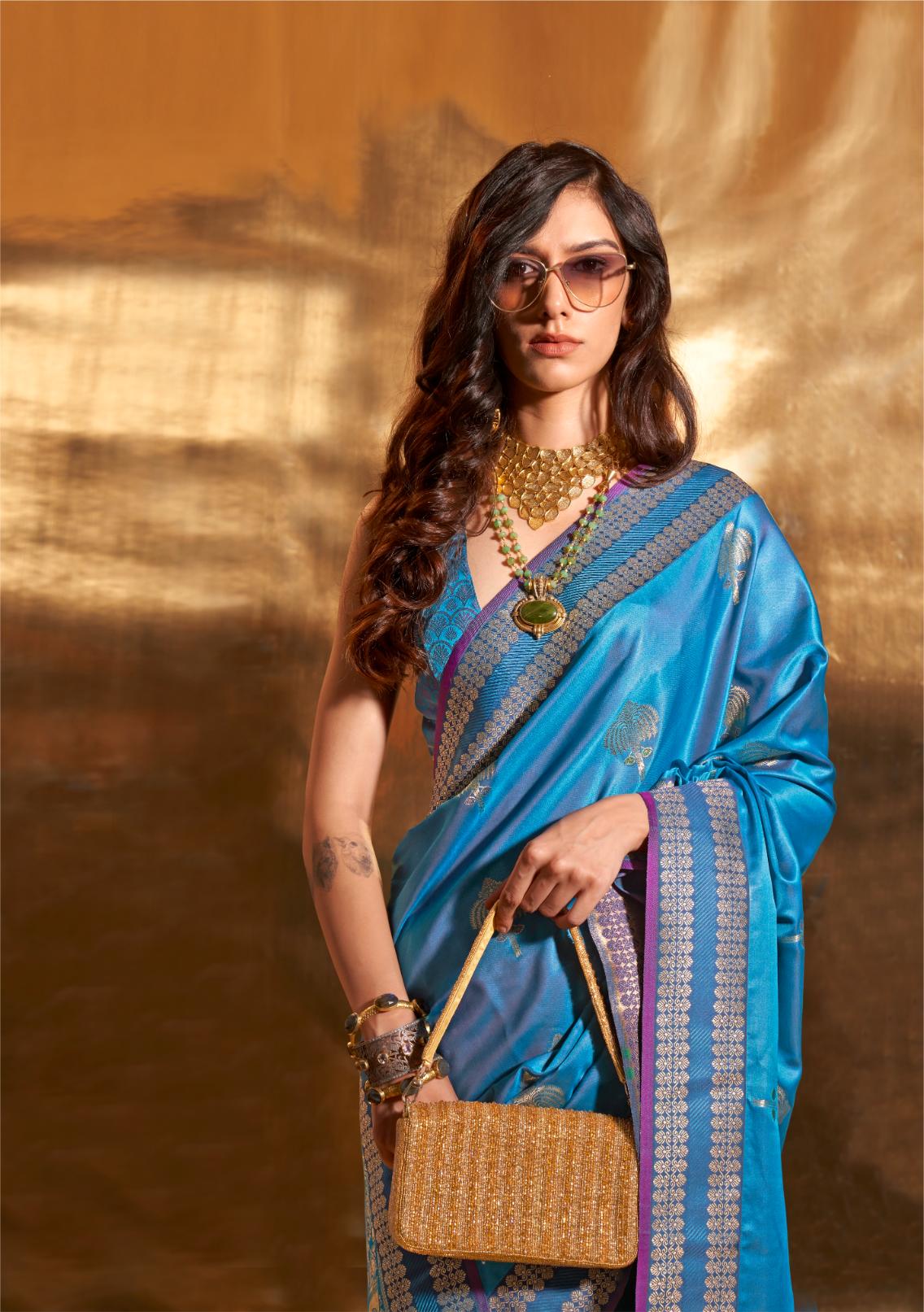 Cerulean Blue Satin Silk Saree With Zari Motifs