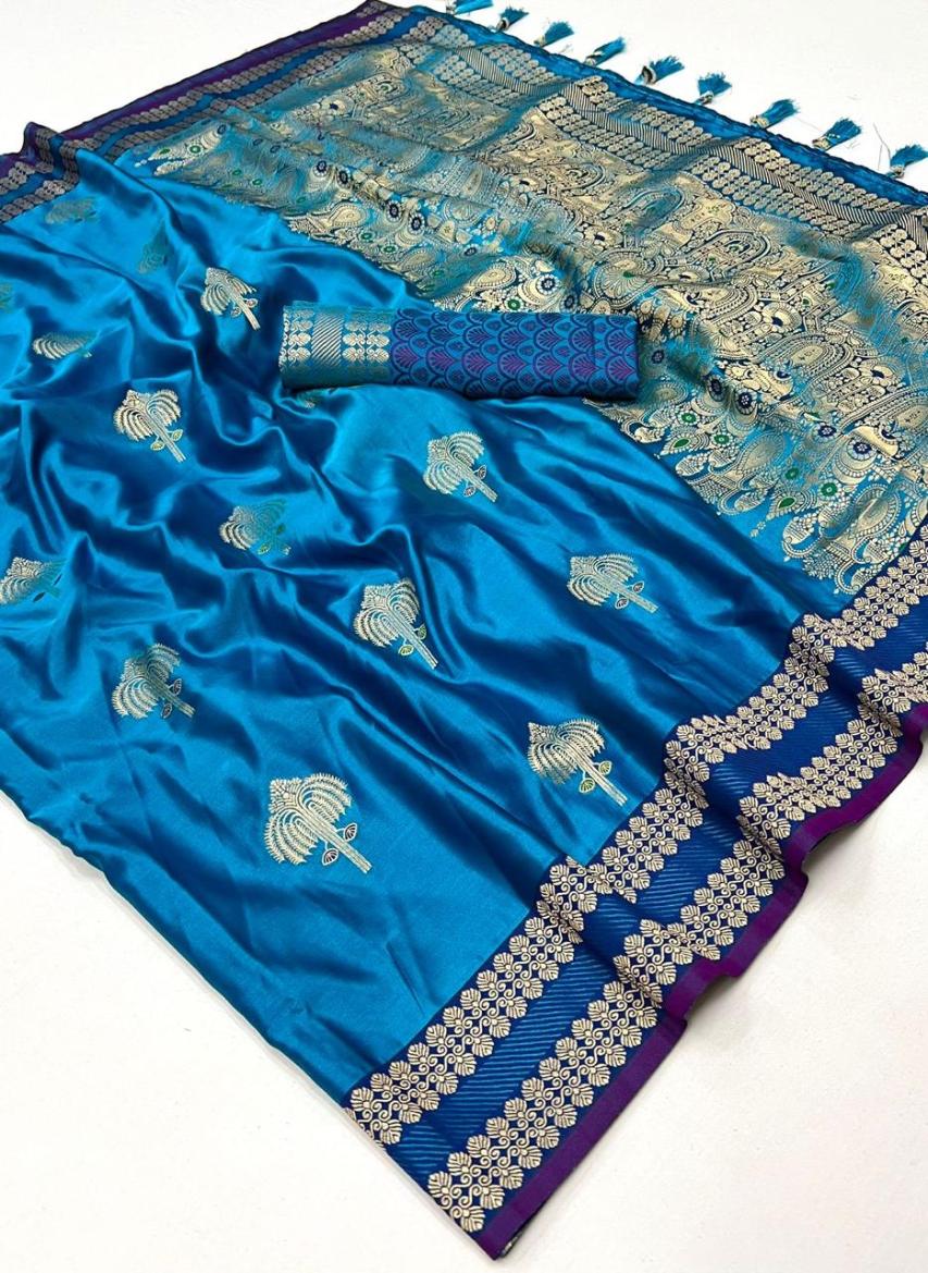Cerulean Blue Satin Silk Saree With Zari Motifs