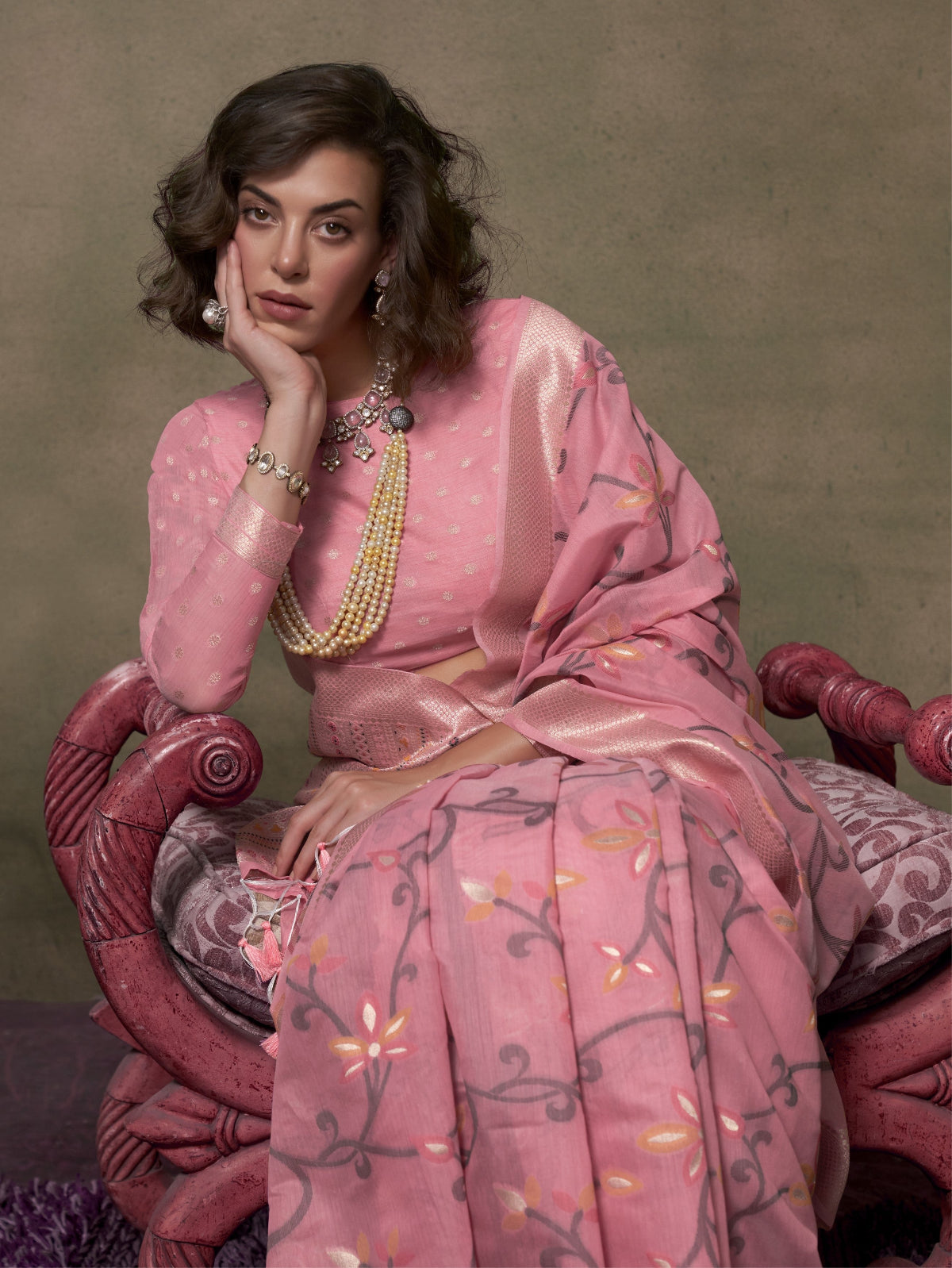 Flamingo Pink Jamdani Saree Online in India & USA