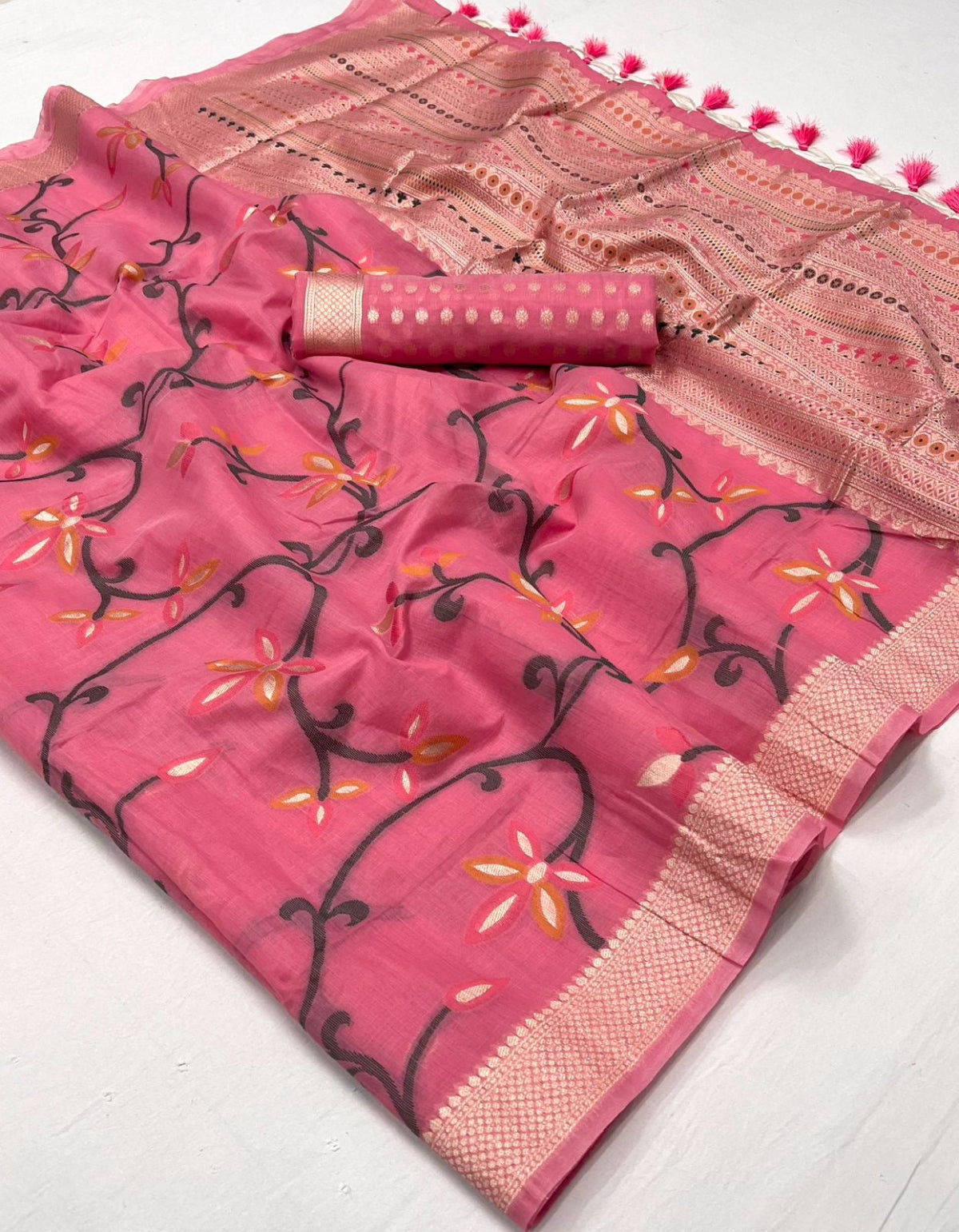 Flamingo Pink Jamdani Saree Online in India & USA