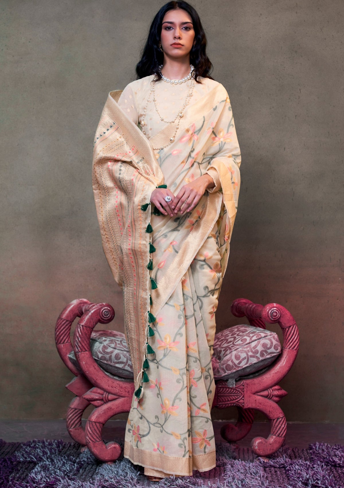 Off - White Jamdani Saree Online in India & USA