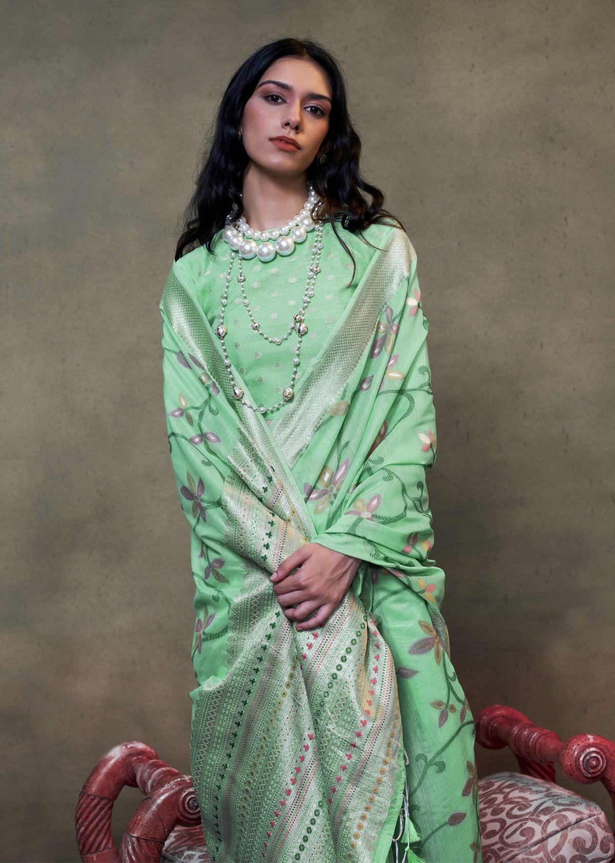 Pear Green Jamdani Saree Online in India & USA