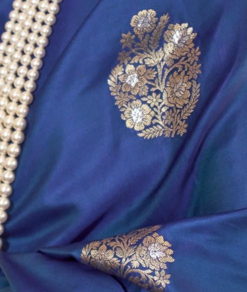 Azure Blue Satin Silk Saree With Dual Zari Motifs