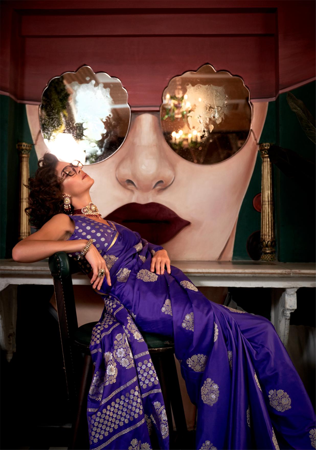 Eggplant Purple Satin Silk Saree With Dual Zari Motifs