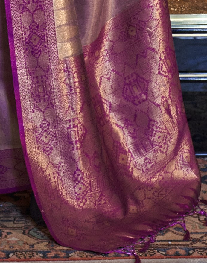 Onion Pink Zari Tissue Silk Saree With Temple Border