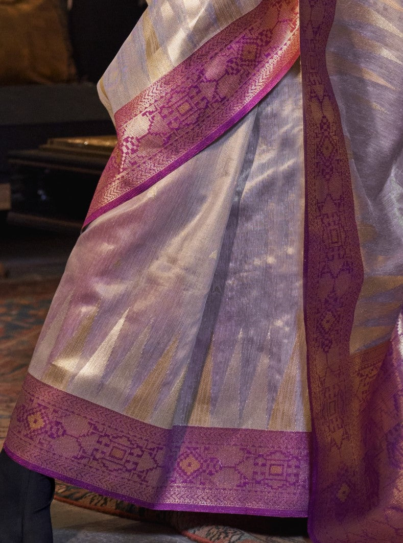 Lavender Zari Tissue Silk Saree With Temple Border