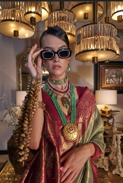 Olive Green Zari Tissue Silk Saree With Temple Border