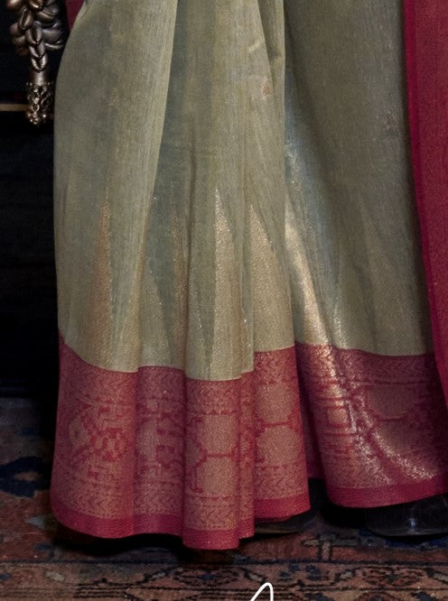 Olive Green Zari Tissue Silk Saree With Temple Border