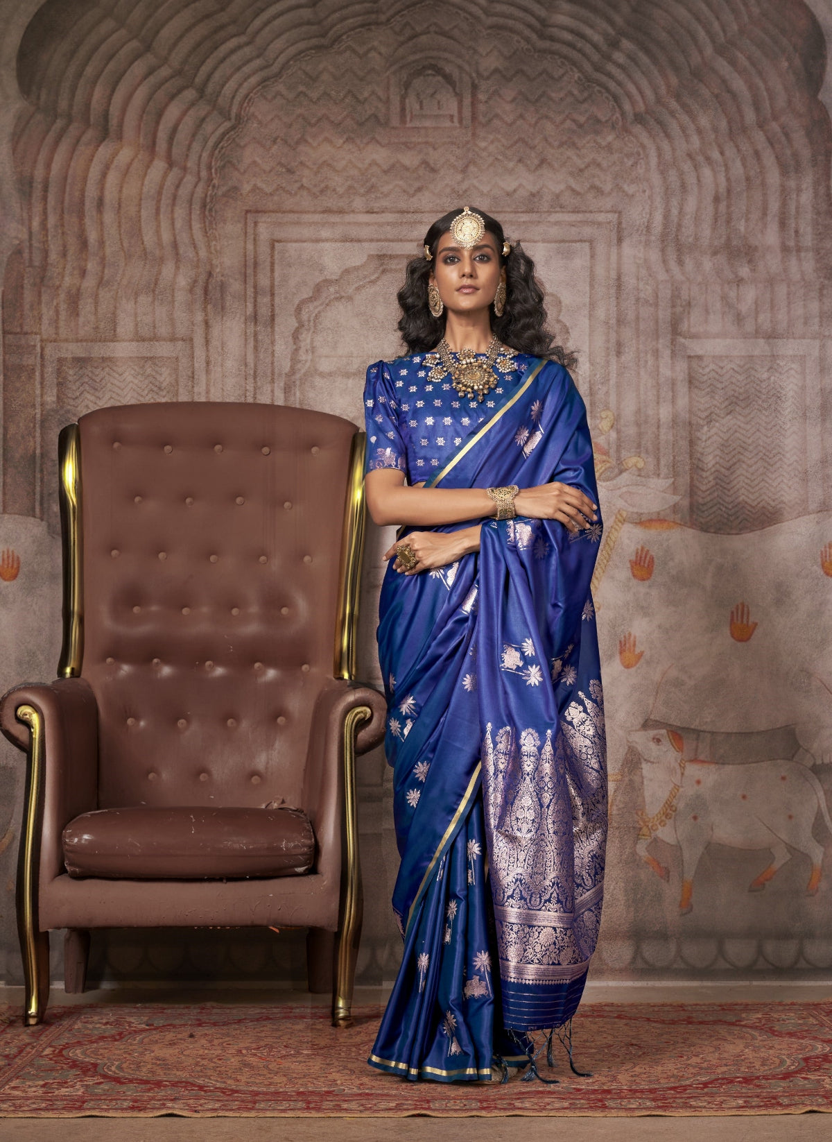 Teal Blue Pichwai Motifs Satin Silk Saree
