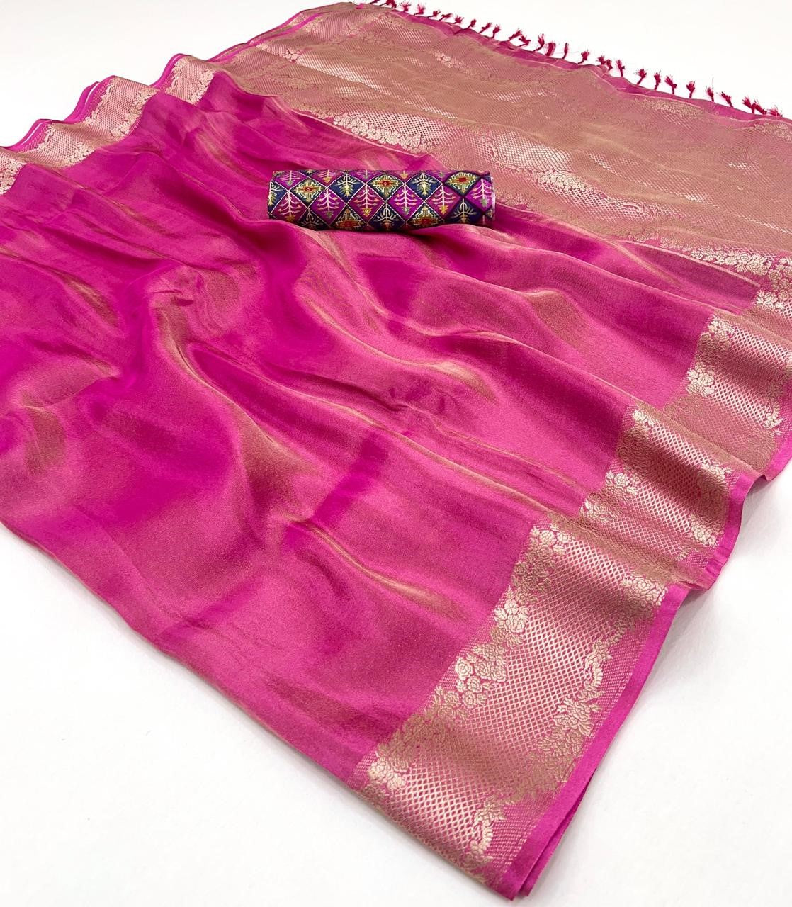 Shop Pink Zari Tissue Silk Sarees Online - STORI