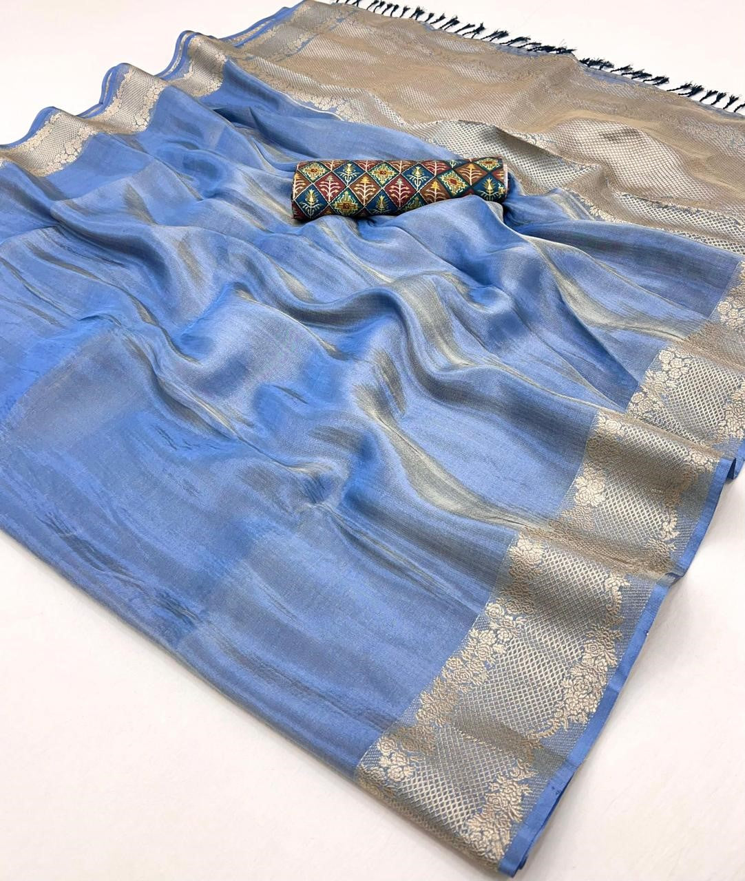 Shop Blue Zari Tissue Silk Sarees Online - STORI
