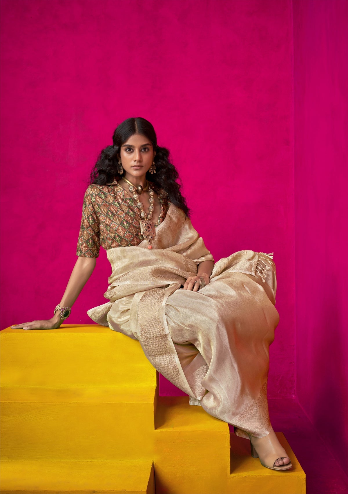 Shop Cream Zari Tissue Silk Sarees Online - STORI