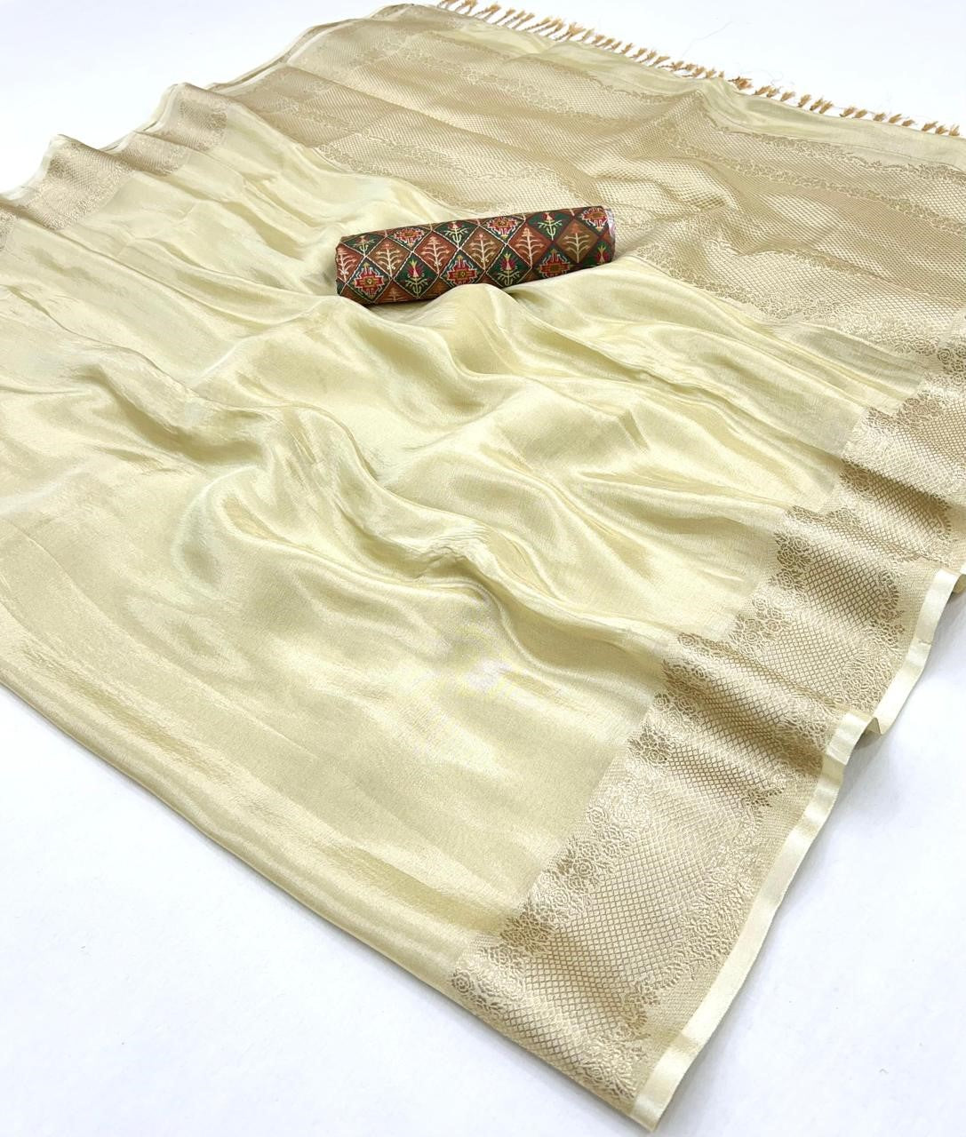 Shop Cream Zari Tissue Silk Sarees Online - STORI