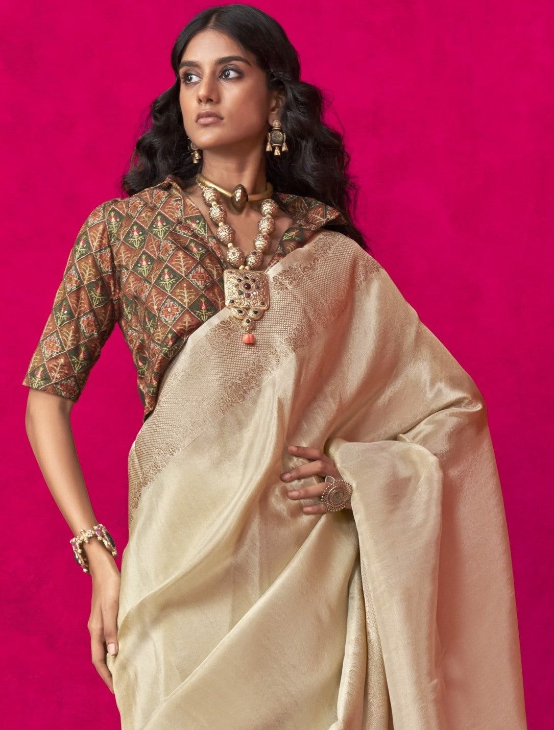 Shop Cream Zari Tissue Silk Sarees Online - STORI