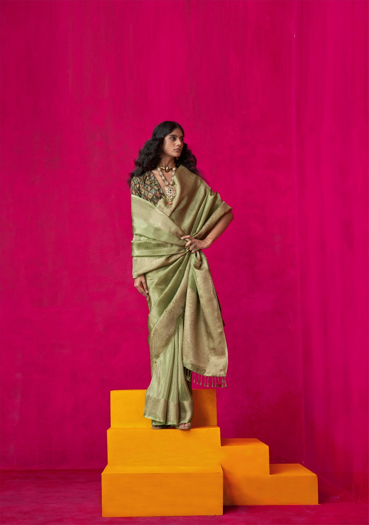 Shop Green Zari Tissue Silk Sarees Online - STORI