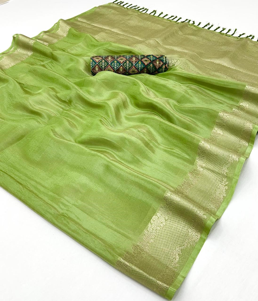Shop Green Zari Tissue Silk Sarees Online - STORI