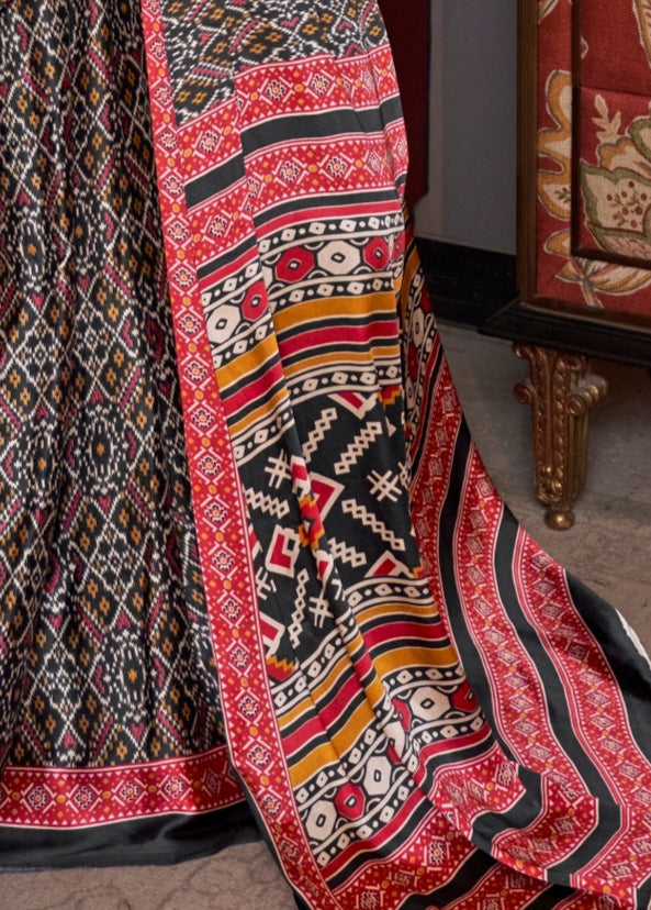 Black Patola Printed Satin Crepe Silk Saree