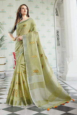 Pista Green Embroidered Linen Saree