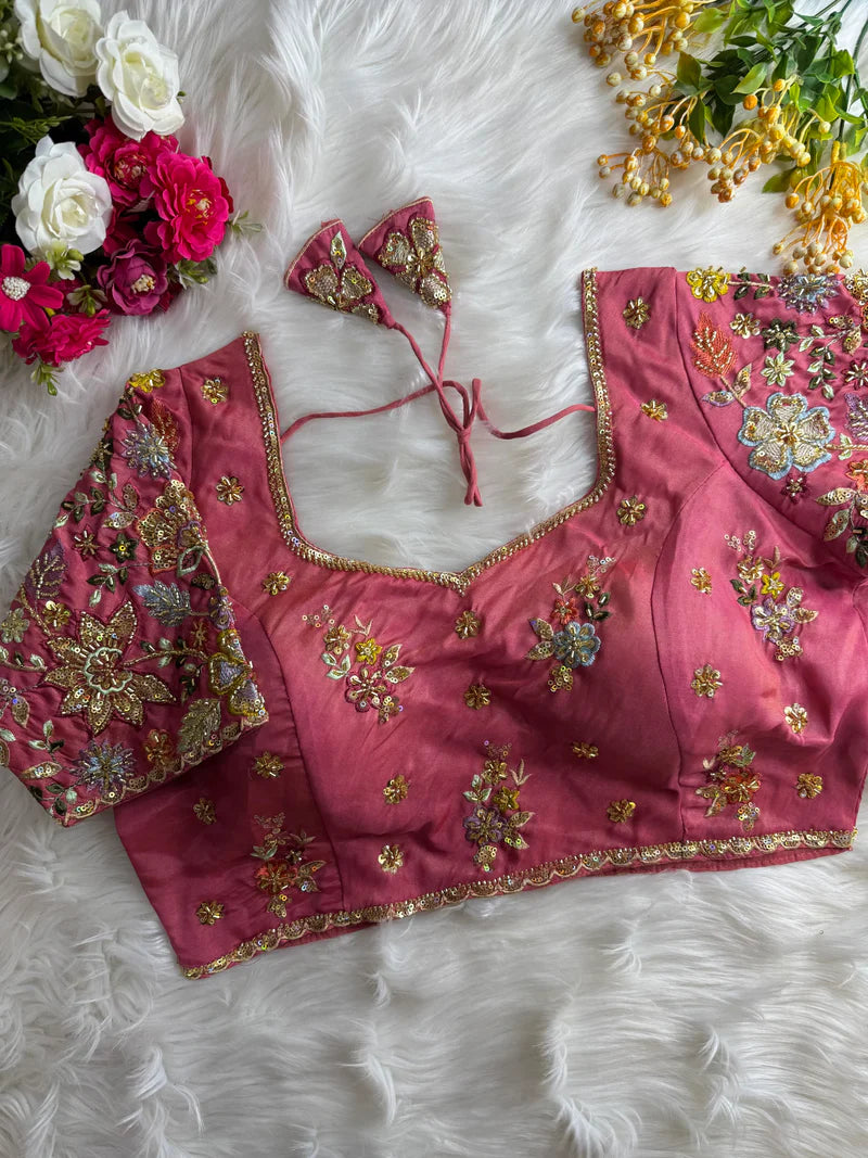 Pastel Shades Soft Silk Blouse With Hand Embroidery
