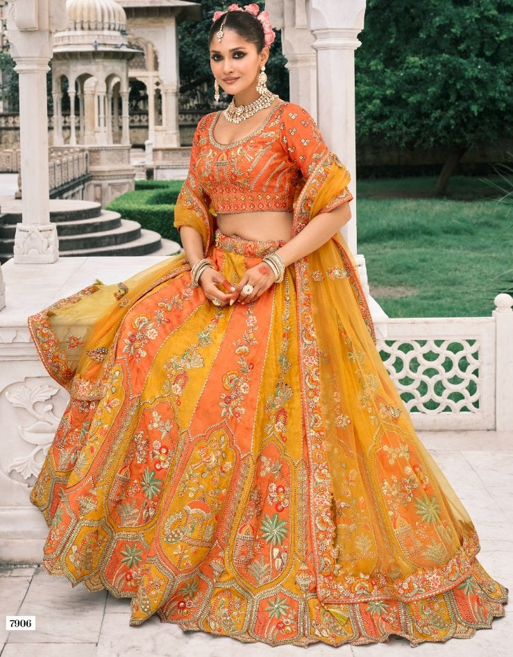 Orange & Yellow Heavy Embroidered Lehenga