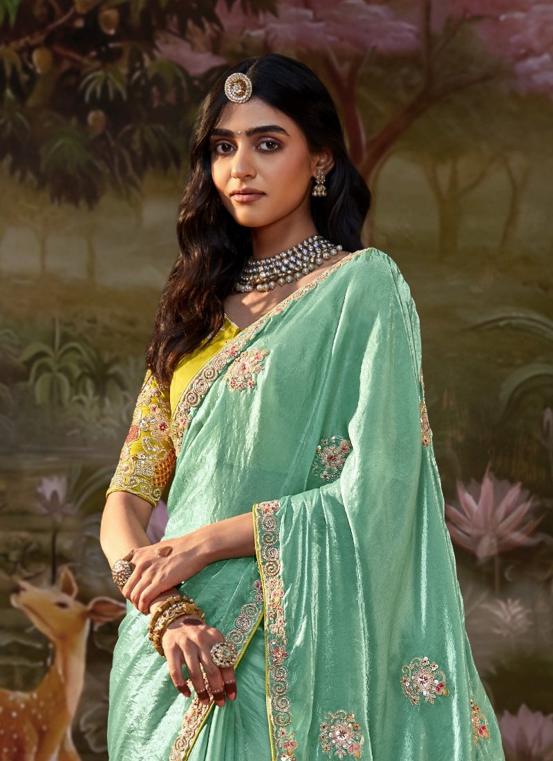 Ocean Green Tissue Silk Saree With Embroidered Designer Blouse