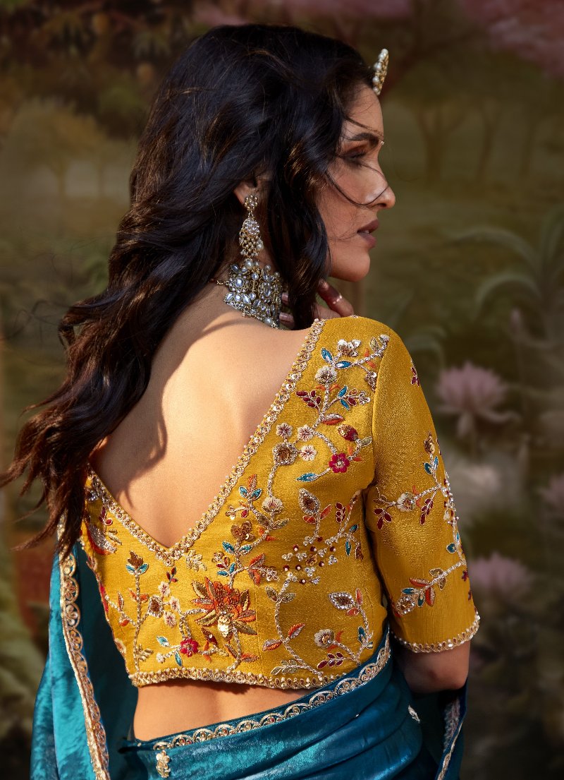 Peacock Blue Tissue Silk Saree With Embroidered Designer Blouse