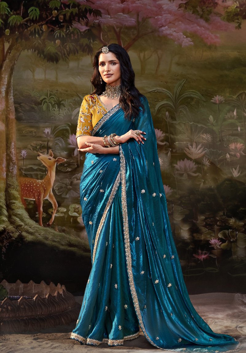 Peacock Blue Tissue Silk Saree With Embroidered Designer Blouse
