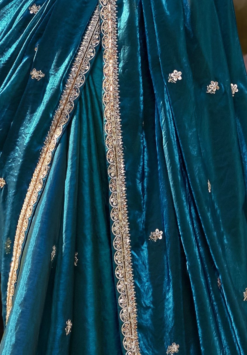 Peacock Blue Tissue Silk Saree With Embroidered Designer Blouse